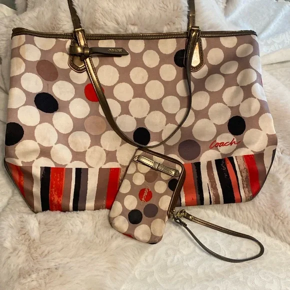 COACH Authentic Polka Dot Poppy Watercolor Tote Bag & Matching Small Wristlet - Picture 1 of 16